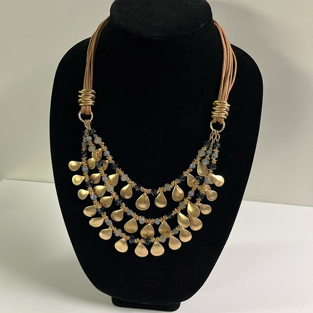 MYTHOLOGIE NWT Resort Boho Ethnic Gold Charm w/ Blue Beads 3 Tier Bib Necklace